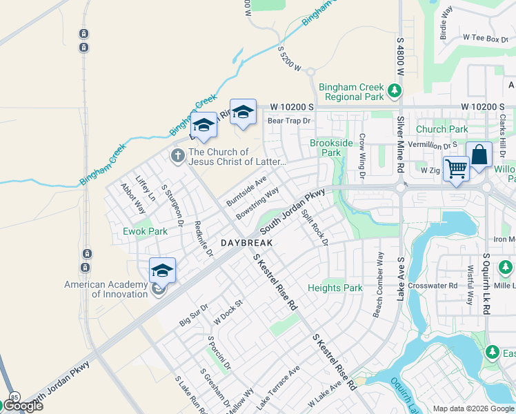 map of restaurants, bars, coffee shops, grocery stores, and more near 5167 West Bowstring Way in South Jordan