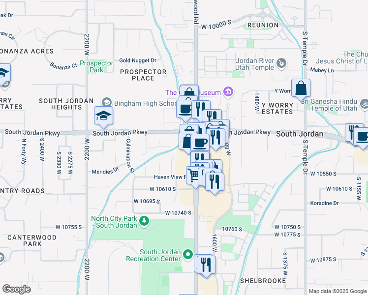 map of restaurants, bars, coffee shops, grocery stores, and more near 10452 South Redwood Road in South Jordan