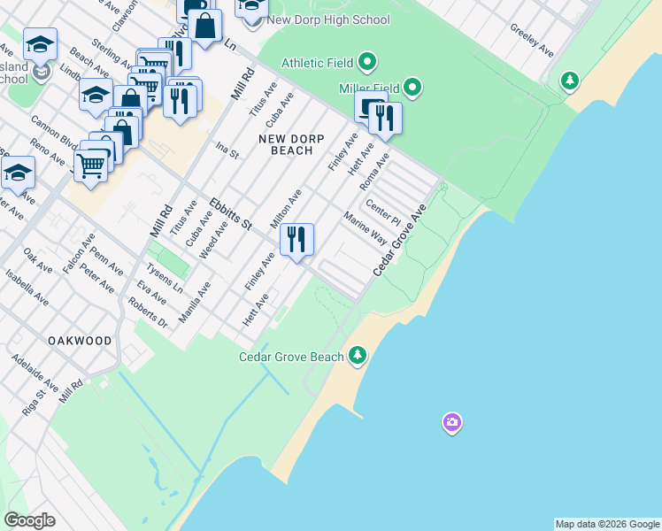 map of restaurants, bars, coffee shops, grocery stores, and more near 5 Milbank Road in Staten Island