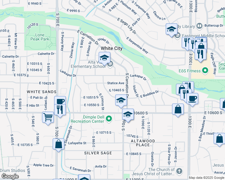 map of restaurants, bars, coffee shops, grocery stores, and more near 950 East 10465 South in Sandy
