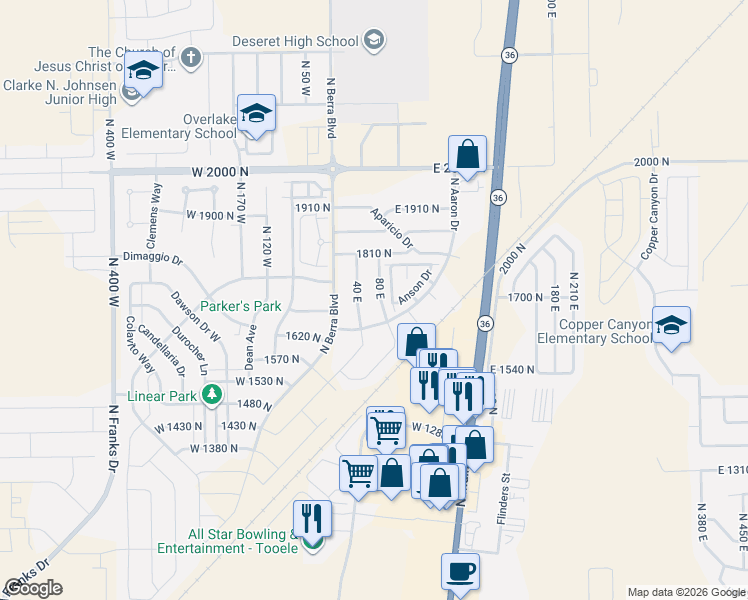 map of restaurants, bars, coffee shops, grocery stores, and more near 1705 80 East in Tooele
