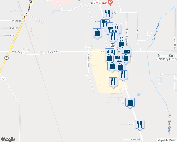 map of restaurants, bars, coffee shops, grocery stores, and more near 1487 Southland Parkway in Marion