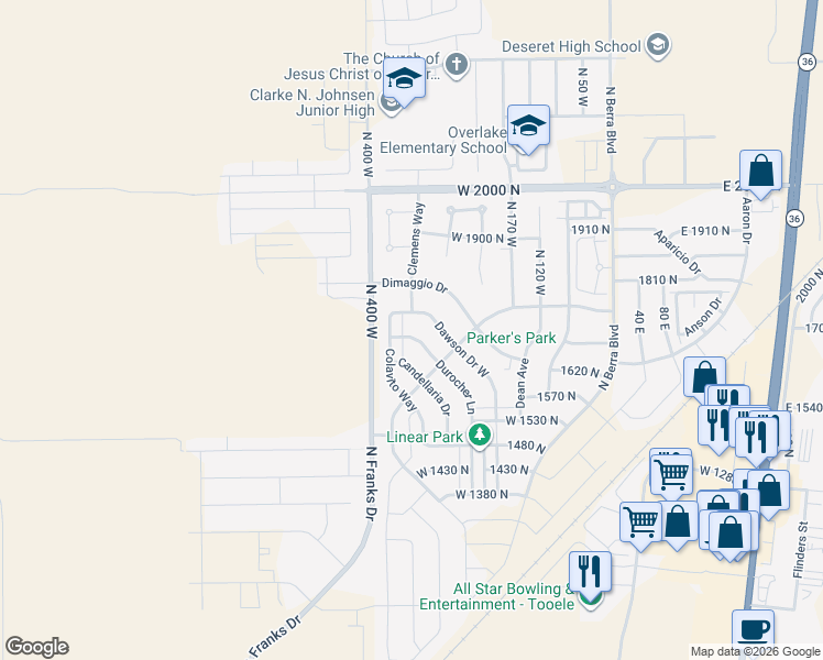 map of restaurants, bars, coffee shops, grocery stores, and more near 329 Dawson Drive West in Tooele