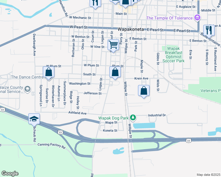 map of restaurants, bars, coffee shops, grocery stores, and more near 906 South Blackhoof Street in Wapakoneta