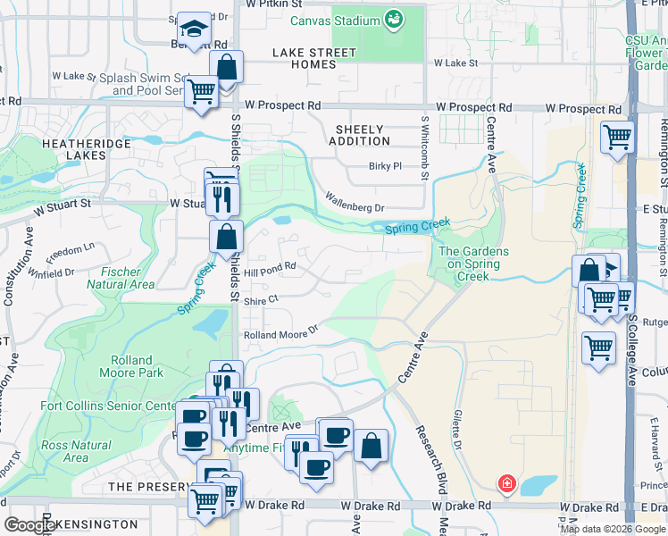 map of restaurants, bars, coffee shops, grocery stores, and more near 812 Shire Court in Fort Collins