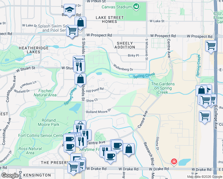 map of restaurants, bars, coffee shops, grocery stores, and more near 812 Shire Court in Fort Collins