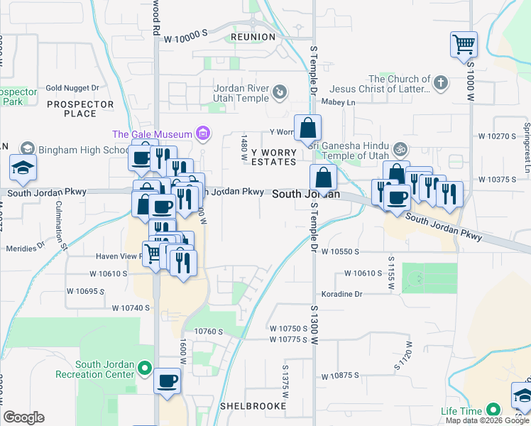 map of restaurants, bars, coffee shops, grocery stores, and more near 1371 South Jordan Parkway in South Jordan