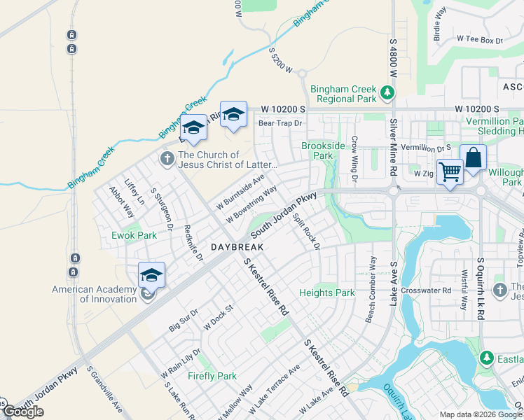map of restaurants, bars, coffee shops, grocery stores, and more near 5096 Longbow Drive in South Jordan