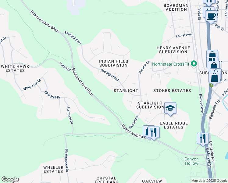 map of restaurants, bars, coffee shops, grocery stores, and more near 3655 Elizabeth Way in Redding