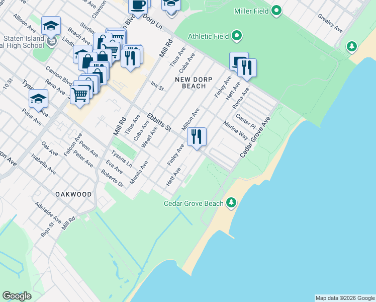 map of restaurants, bars, coffee shops, grocery stores, and more near 212 Finley Avenue in Staten Island