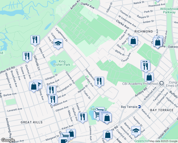 map of restaurants, bars, coffee shops, grocery stores, and more near 90 Sandalwood Drive in Staten Island
