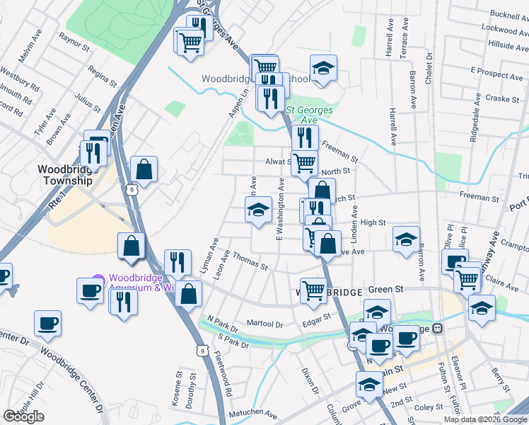 map of restaurants, bars, coffee shops, grocery stores, and more near 290 Church Street in Woodbridge Township