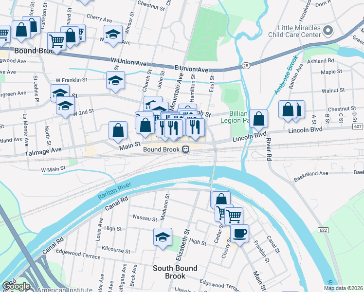 map of restaurants, bars, coffee shops, grocery stores, and more near 403 East Main Street in Bound Brook