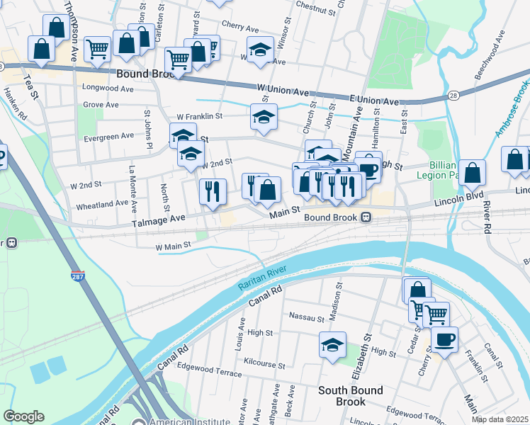 map of restaurants, bars, coffee shops, grocery stores, and more near 8 Columbus Place in Bound Brook