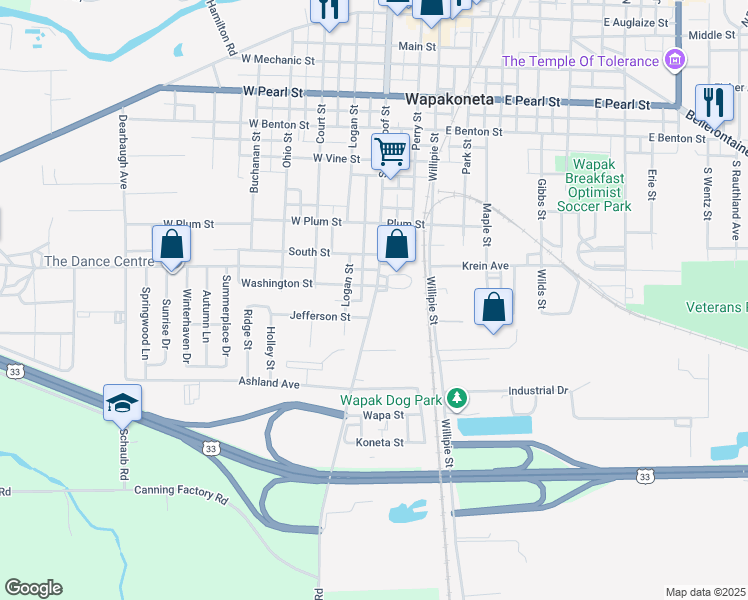 map of restaurants, bars, coffee shops, grocery stores, and more near 906-912 South Blackhoof Street in Wapakoneta