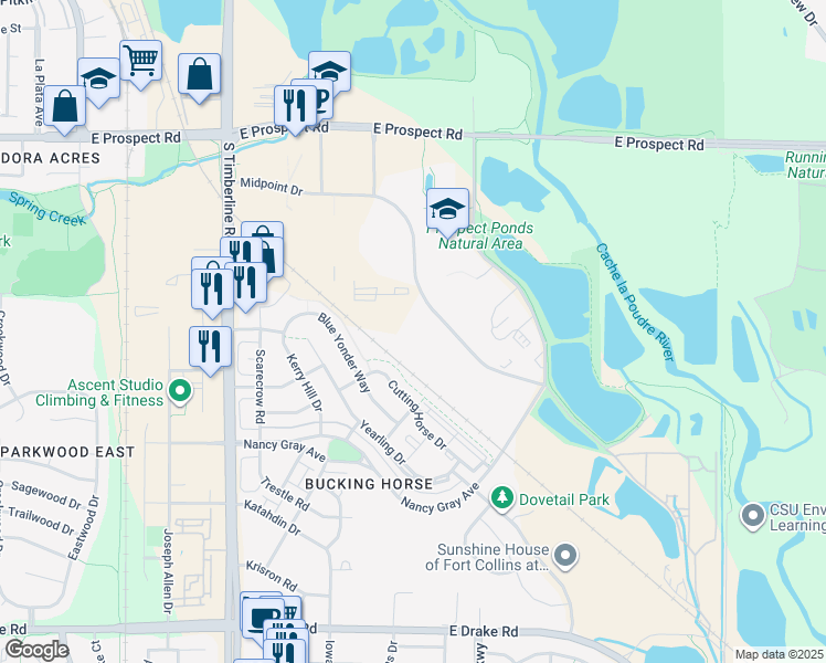 map of restaurants, bars, coffee shops, grocery stores, and more near 2555 Midpoint Drive in Fort Collins