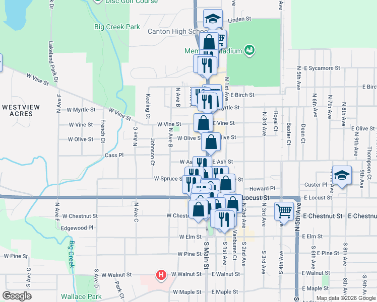 map of restaurants, bars, coffee shops, grocery stores, and more near 101 Fairview Place in Canton
