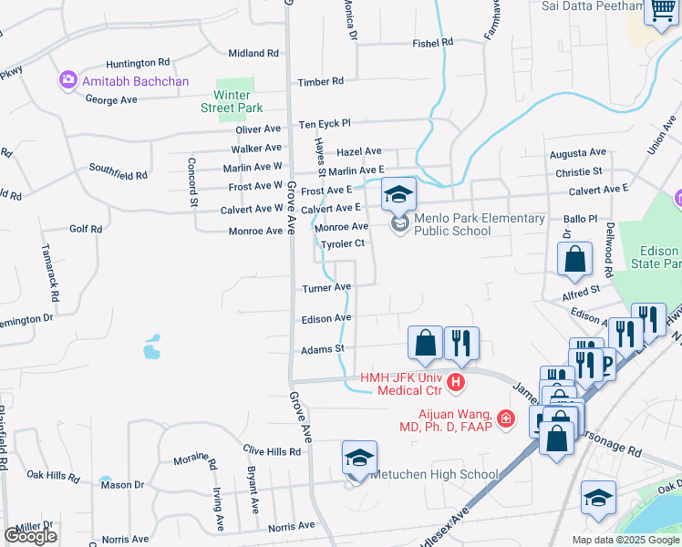 map of restaurants, bars, coffee shops, grocery stores, and more near 157 Mundy Avenue in Edison