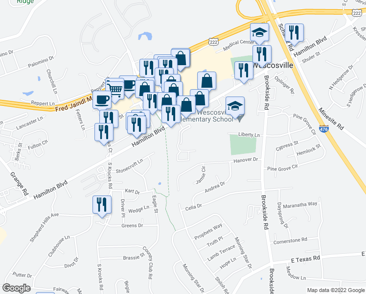 map of restaurants, bars, coffee shops, grocery stores, and more near 1015 Village Round in Allentown
