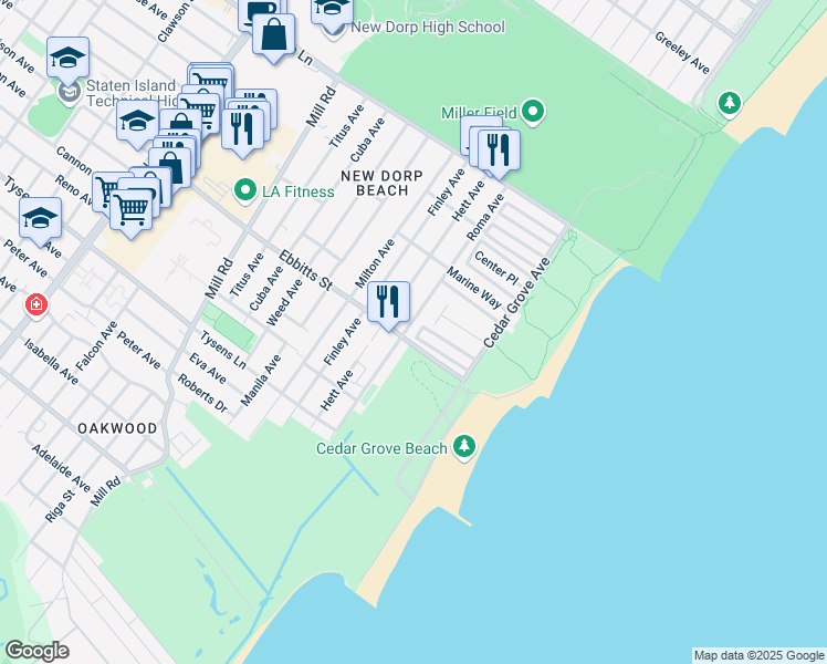 map of restaurants, bars, coffee shops, grocery stores, and more near 5 Milbank Road in Staten Island