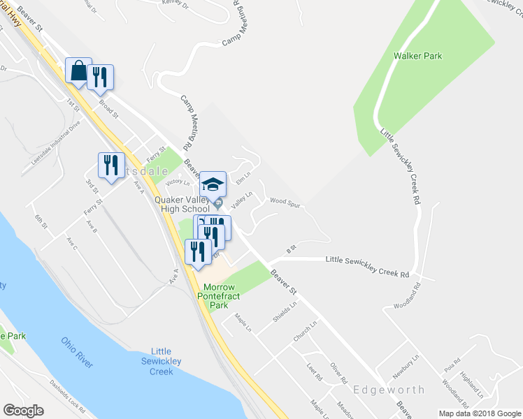 map of restaurants, bars, coffee shops, grocery stores, and more near 19 Winding Road in Leetsdale