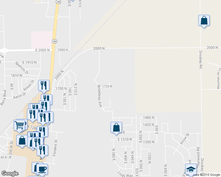 map of restaurants, bars, coffee shops, grocery stores, and more near 378 East 1720 North in Tooele