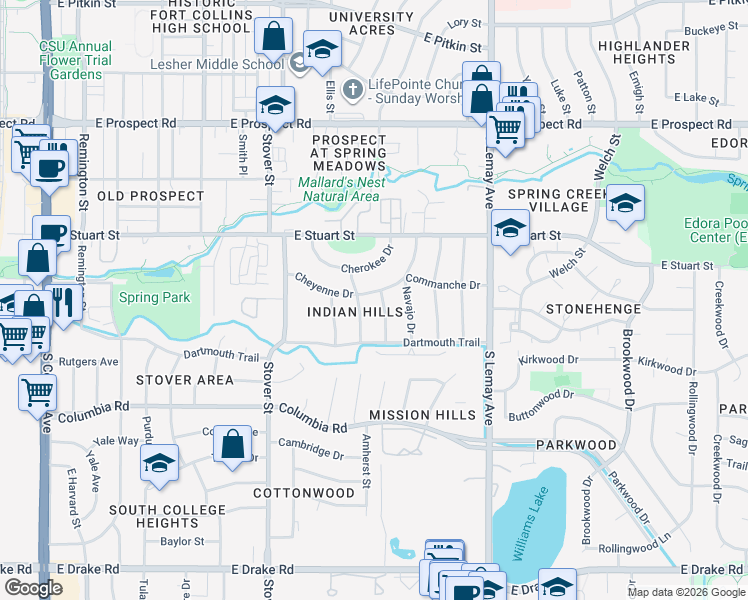 map of restaurants, bars, coffee shops, grocery stores, and more near 805 Cheyenne Drive in Fort Collins