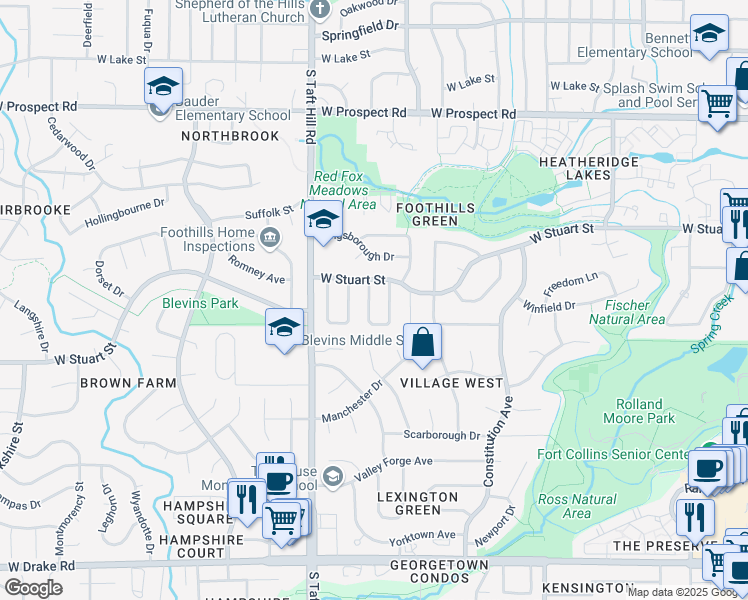 map of restaurants, bars, coffee shops, grocery stores, and more near 2065 Bennington Circle in Fort Collins