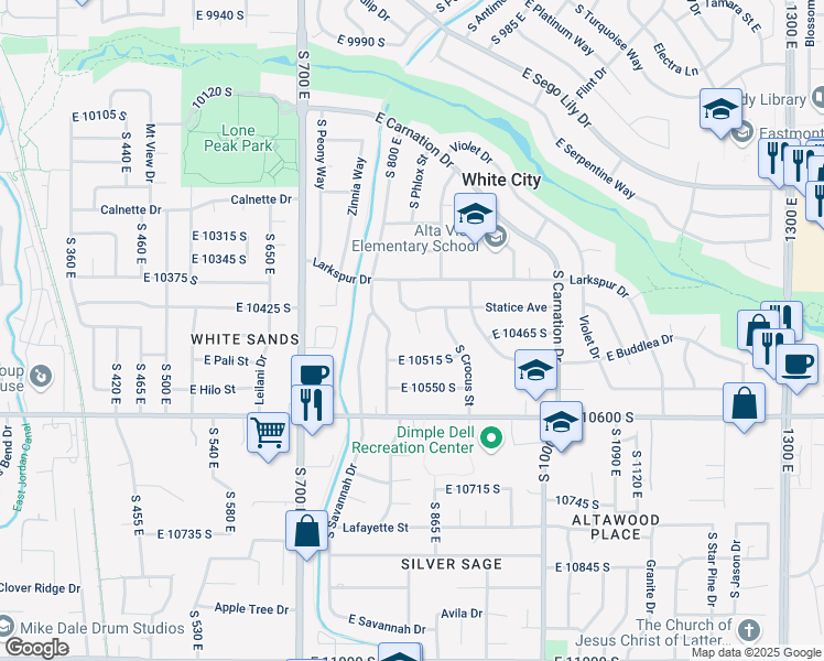 map of restaurants, bars, coffee shops, grocery stores, and more near 10448 Statice Circle in Sandy