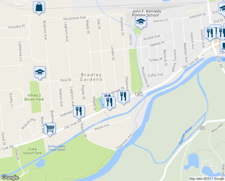 map of restaurants, bars, coffee shops, grocery stores, and more near 32 Ardmaer Drive in Bridgewater