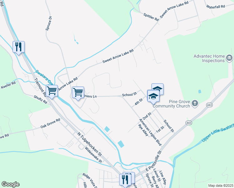 map of restaurants, bars, coffee shops, grocery stores, and more near 501 American Legion Boulevard in Pine Grove