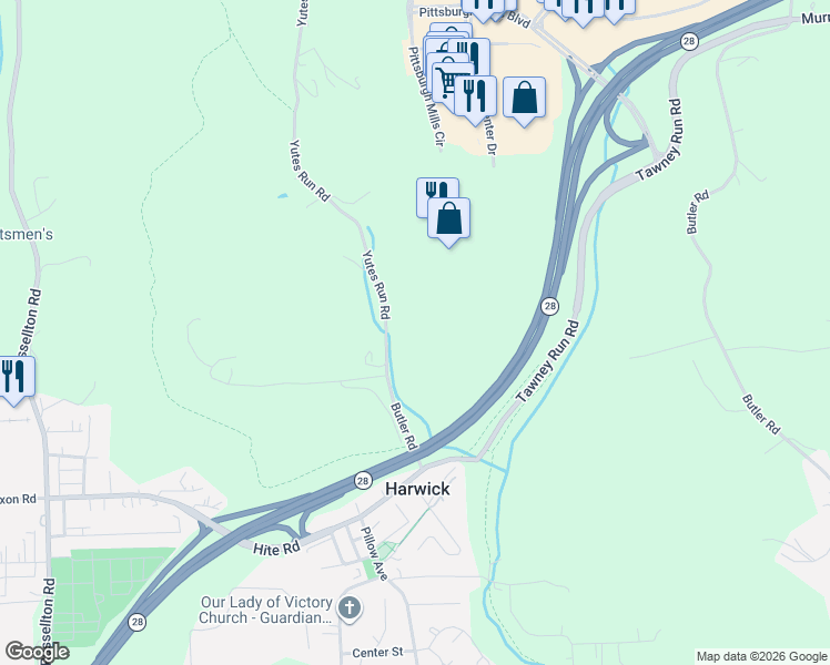 map of restaurants, bars, coffee shops, grocery stores, and more near 1111 Yutes Run Road in Harwick