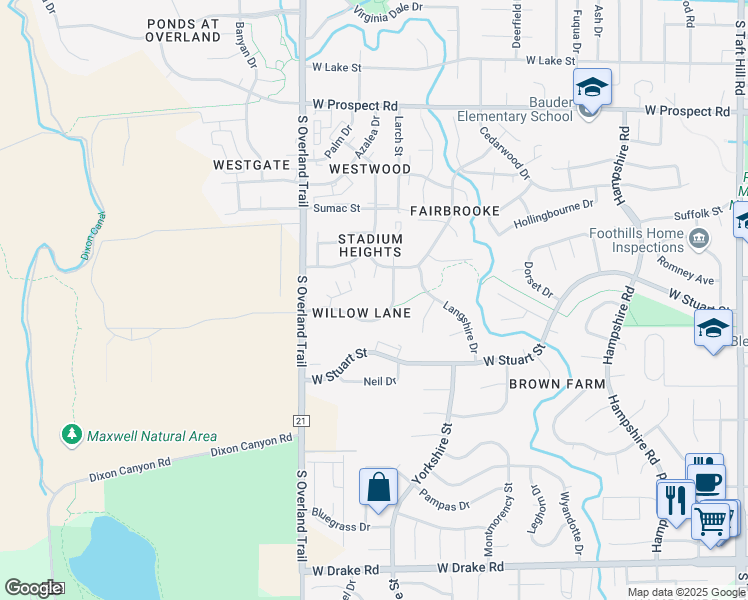 map of restaurants, bars, coffee shops, grocery stores, and more near 2924 Ross Drive in Fort Collins