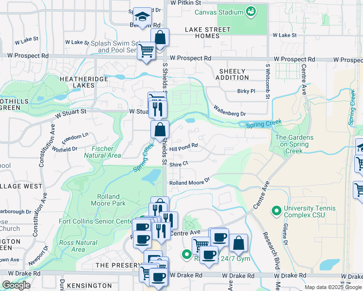 map of restaurants, bars, coffee shops, grocery stores, and more near 1001 Wind Trail in Fort Collins