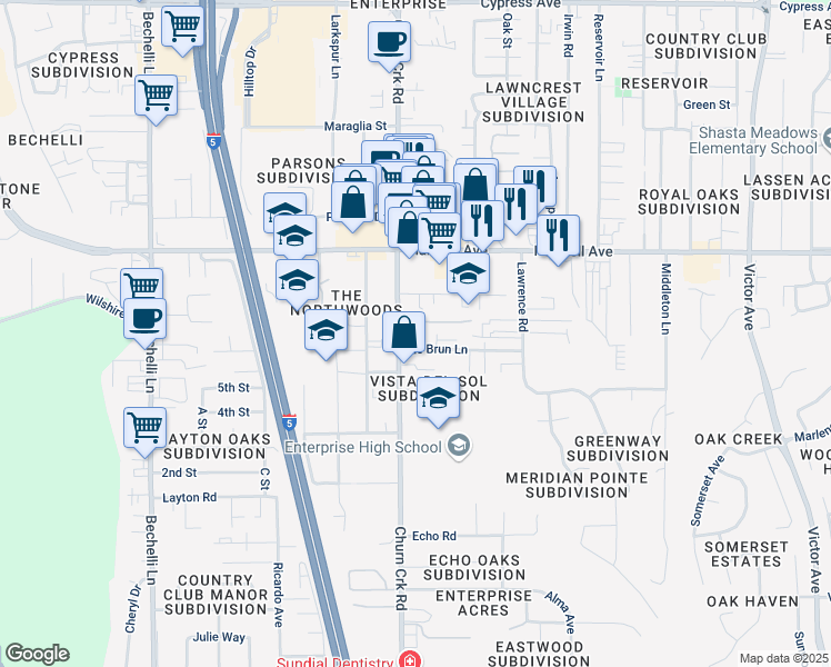 map of restaurants, bars, coffee shops, grocery stores, and more near 3171 Churn Creek Rd in Redding