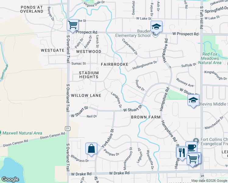 map of restaurants, bars, coffee shops, grocery stores, and more near 2006 Langshire Drive in Fort Collins