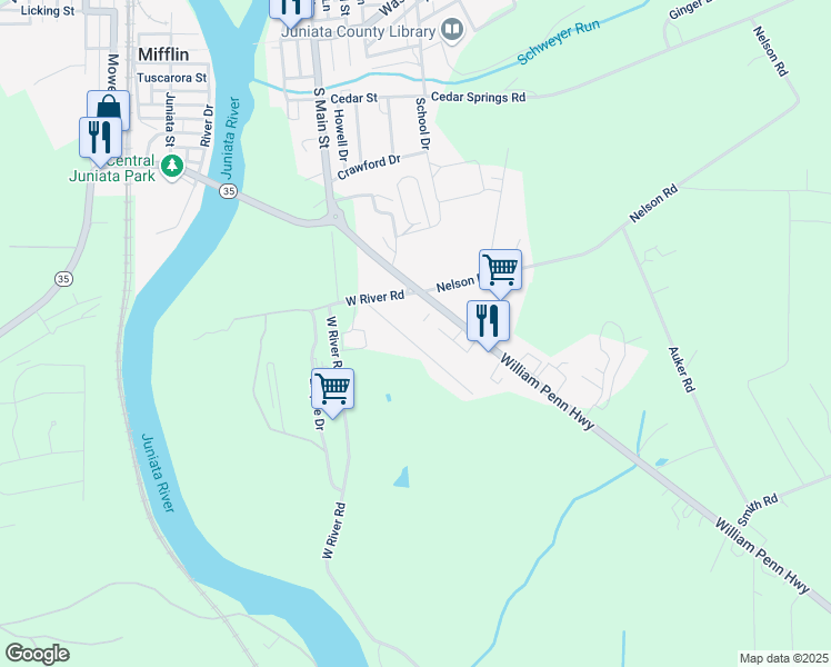 map of restaurants, bars, coffee shops, grocery stores, and more near 258 Mountain View Road in Mifflintown