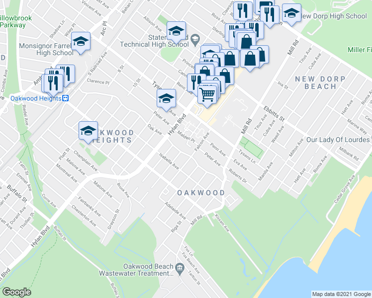 map of restaurants, bars, coffee shops, grocery stores, and more near 405 Oak Avenue in Staten Island