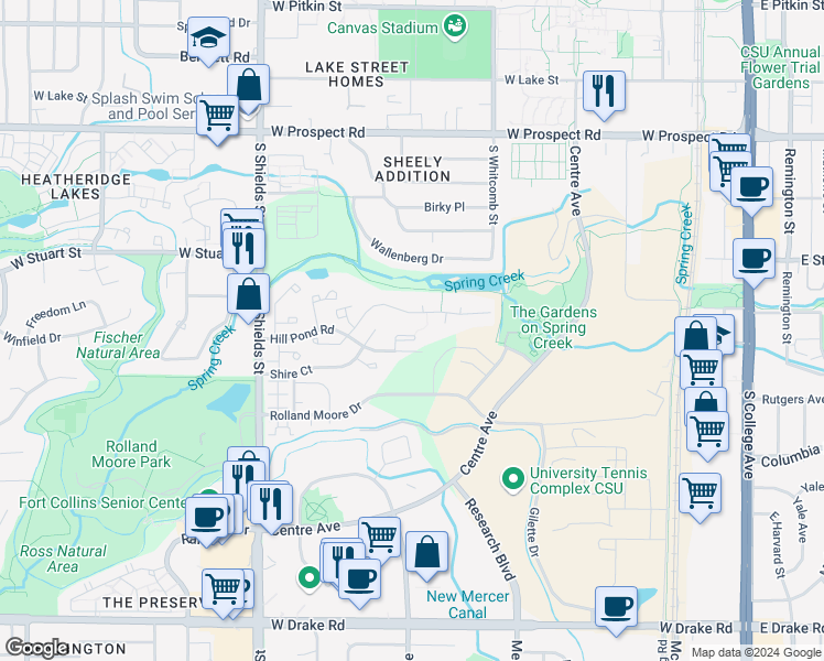 map of restaurants, bars, coffee shops, grocery stores, and more near 700 Shadowmere Court in Fort Collins