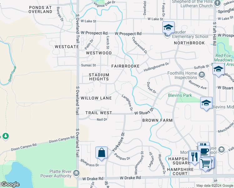 map of restaurants, bars, coffee shops, grocery stores, and more near 2001 White Rock Court in Fort Collins