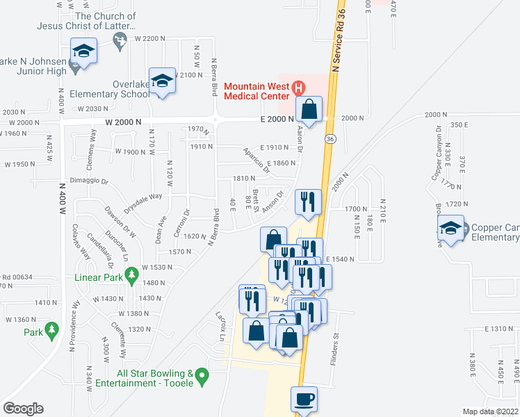 map of restaurants, bars, coffee shops, grocery stores, and more near 1736 Brett Street in Tooele
