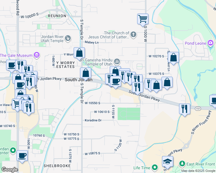 map of restaurants, bars, coffee shops, grocery stores, and more near 1153 South Jordan Parkway in South Jordan