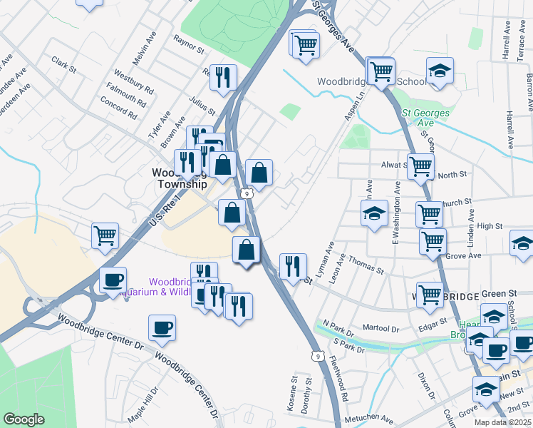 map of restaurants, bars, coffee shops, grocery stores, and more near 1480 U.S. 9 in Woodbridge Township