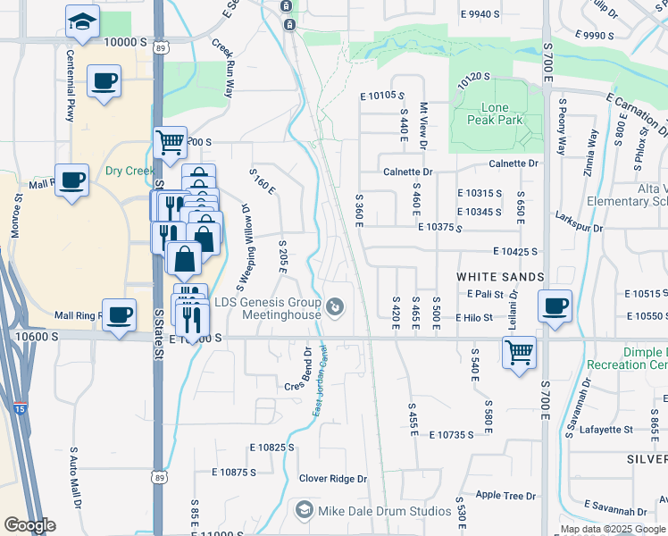 map of restaurants, bars, coffee shops, grocery stores, and more near 10465 South Beetdigger Boulevard in Sandy