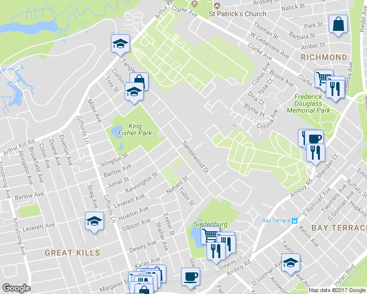 map of restaurants, bars, coffee shops, grocery stores, and more near 90 Sandalwood Drive in Staten Island