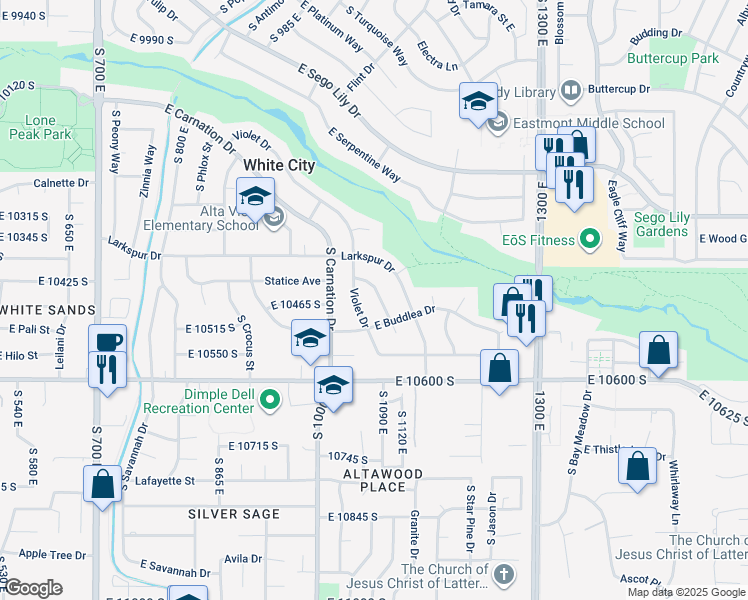 map of restaurants, bars, coffee shops, grocery stores, and more near 10443 Violet Drive in Sandy
