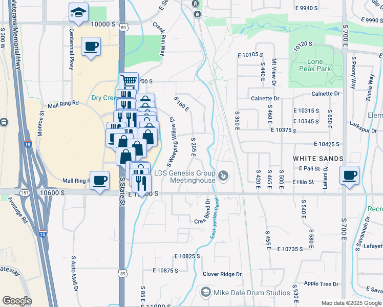 map of restaurants, bars, coffee shops, grocery stores, and more near 10454 Golden Willow Drive in Sandy