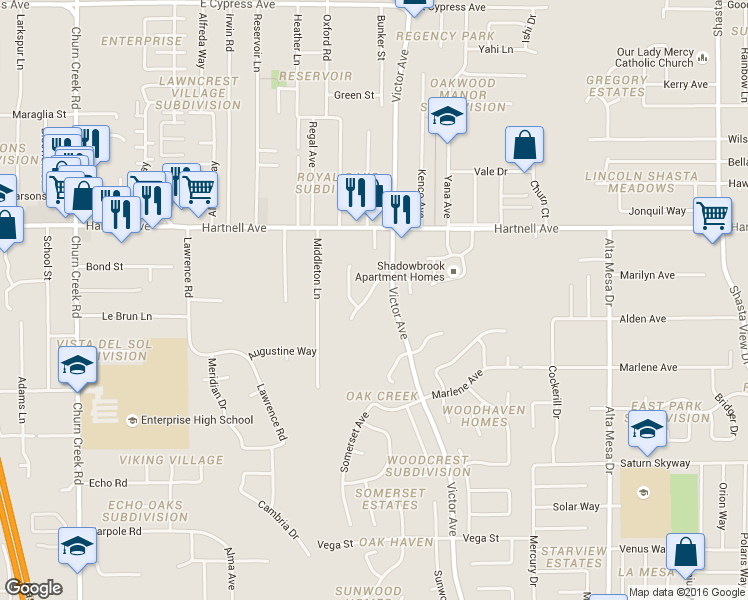 map of restaurants, bars, coffee shops, grocery stores, and more near 1655 Bramble Place in Redding