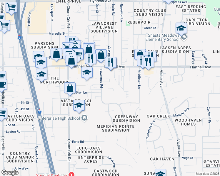 map of restaurants, bars, coffee shops, grocery stores, and more near 3149 Lawrence Road in Redding