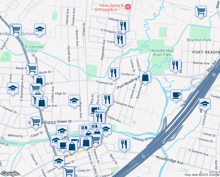 map of restaurants, bars, coffee shops, grocery stores, and more near 585 Rahway Avenue in Woodbridge Township